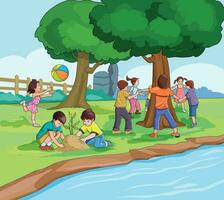 Cute kids planting trees and enjoying in the park vector