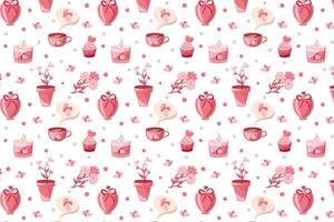 Cartoon style pattern. Trendy modern Valentine's Day illustration in pink colors, isolated on white background, hand drawn, flat design. vector