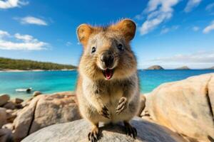 AI generated A joyful quokka invites you to visit Rottnest Island in Perth, Australia. Generative AI photo