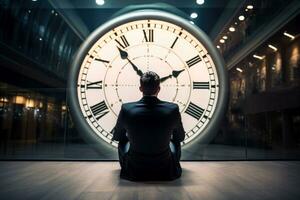 AI generated Concept of time management with man and big clock. Generative AI. photo