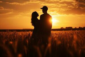 ai generado un Pareja de amor en pie en un campo de trigo a puesta de sol . generativo ai foto