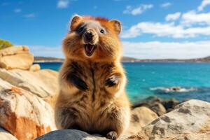 AI generated A joyful quokka invites you to visit Rottnest Island in Perth, Australia. Generative AI photo