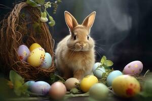 AI generated Easter bunny with Easter eggs. Generative AI. photo