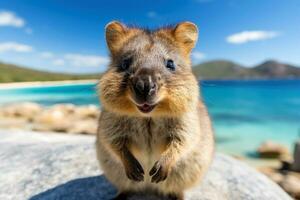 ai generado un alegre quokka invita usted a visitar más podrido isla en perth, Australia. generativo ai foto