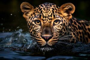 ai generado un cerca arriba de un leopardo nadando en un cuerpo de agua. generativo ai foto