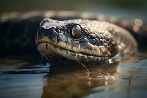 ai generado un cerca arriba de un serpiente nadar en un tanque de agua. generativo ai foto