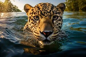 ai generado un cerca arriba de un leopardo nadando en un cuerpo de agua. generativo ai foto