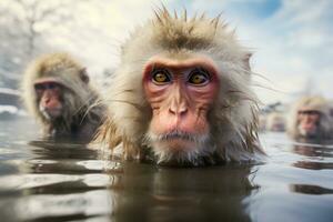 AI generated Japanese monkeys, snow monkeys, warm themselves in a hot spring in winter. Generative AI. photo