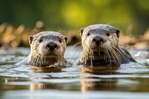 AI generated otters playfully swimming in the water and looking at the camera, generative AI photo