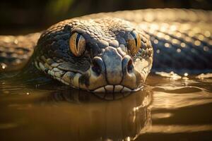 ai generado un cerca arriba de un serpiente nadar en un tanque de agua. generativo ai foto