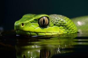 ai generado un cerca arriba de un serpiente nadar en un tanque de agua. generativo ai foto