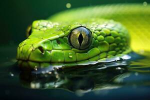 ai generado un cerca arriba de un serpiente nadar en un tanque de agua. generativo ai foto