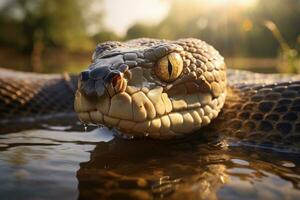 ai generado un cerca arriba de un serpiente nadar en un tanque de agua. generativo ai foto