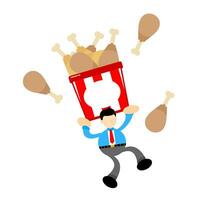 businessman worker and chicken drumstick bucket box snack cartoon doodle flat design style vector illustration