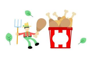 farmer man agriculture and chicken drumstick bucket box snack cartoon doodle flat design style vector illustration