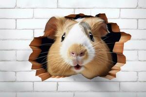 AI generated Cute guinea pig peeking out of a hole in wall for mockup. Generative AI photo