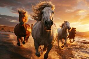 ai generado caballos corriendo en playa mediante mar agua a puesta de sol. generativo ai foto