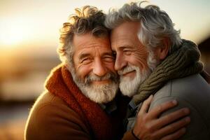 AI generated Portrait of a happy young lgbt male couple hugging on beach. Generative AI photo