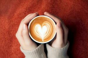 AI generated Female hands holding a cup of coffee with heart foam . Hot coffee with a heart. ai generative photo