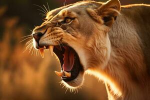 AI generated Close-up of an angry roaring lion ready to attack. Generative AI photo