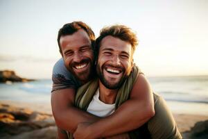 ai generado retrato de un contento joven lgbt masculino Pareja abrazando en playa. generativo ai foto