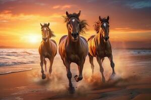 AI generated horses running on beach through sea water at sunset. generative AI photo