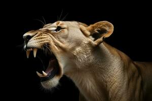 AI generated Close-up of an angry roaring lion ready to attack. Generative AI photo