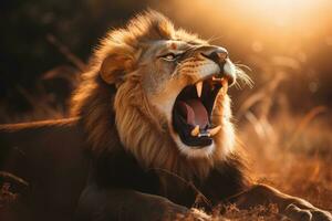 AI generated Close-up of an angry roaring lion ready to attack. Generative AI photo