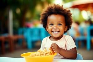 ai generado africano niño sonriente y comiendo un plato lleno de alimento. generativo ai foto