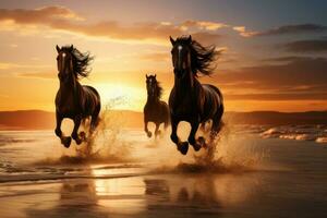 AI generated horses running on beach through sea water at sunset. generative AI photo