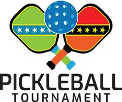 pickleball torneo logo con dos murciélagos y un pelota Entre el dos murciélagos eso lata ser usado para pickleball clubs, torneos y etc. vector