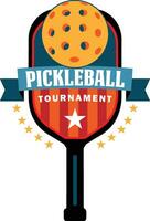 Pickleball tournament logo with bat and ball. In the middle of the bat is the title ribbon. It can be used for pickleball clubs, tournaments and etc. vector