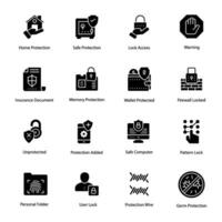 Security and Protection Glyph Vector Icons Set