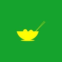 a green background with a bowl of noodles and chopsticks vector