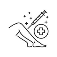 Injection into leg, edema treatment outline icon vector