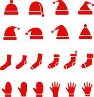 Christmas hat, sock, mitten icon. Holiday knitted accessories set. Happy New Year vector illustration.
