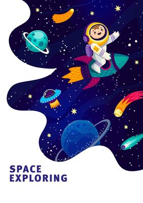 Cartoon kid astronaut on space rocket, galaxy sky