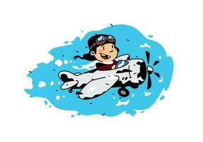 Illustration of a cartoon boy flying in a plane among the clouds. Vector illustration. Image is isolated on white background. Illustration for print and websites. The pilot is the hero of our time.