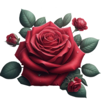 AI generated red rose flowers with green leaves floral arrangement, bouquet buds and leaves in floral line to decoration png