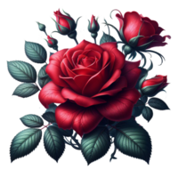 AI generated red rose flowers with green leaves floral arrangement, bouquet buds and leaves in floral line to decoration png