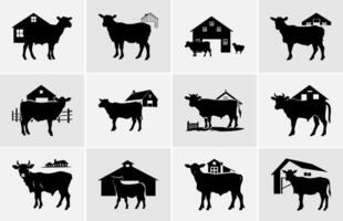 granja animales en silueta, tierras de cultivo silueta paisaje vector ilustración.