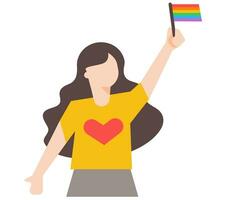 A woman hold rainbow flag vector