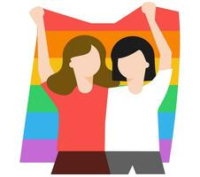 Two women holding rainbow flag. vector