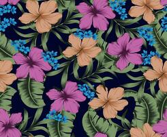 Multicolor Tropical hibiscus floral and leaves seamless pattern vector