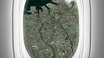 satélite fukuoka mapa antecedentes bucle. avión salón pasajero asiento ventana vista. hilado alrededor Japón ciudad avión cabina aire imágenes. sin costura panorama moscas terminado terreno fondo. video