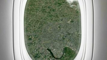 satélite Bangkok mapa antecedentes bucle. hilado alrededor Tailandia ciudad avión cabina aire imágenes. sin costura panorama moscas terminado terreno fondo. avión salón pasajero asiento ventana vista. video