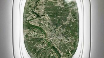 Satellite Dallas map background loop. Spinning around United States city plane cabin air footage. Airplane salon passenger seat window view. Seamless panorama flies over terrain backdrop. video