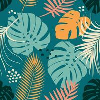 Hand drawn palm and monstera leaves minimal seamless pattern background vector