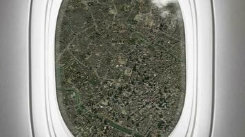 Satellit Chengdu Karte Hintergrund Schleife. Spinnen um China Stadt Flugzeug Kabine Luft Filmaufnahme. Flugzeug Salon Passagier Sitz Fenster Sicht. nahtlos Panorama fliegt Über Terrain Hintergrund. video