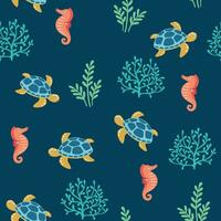 Underwater animal seamless pattern with hand drawn turtle and seahorse vector